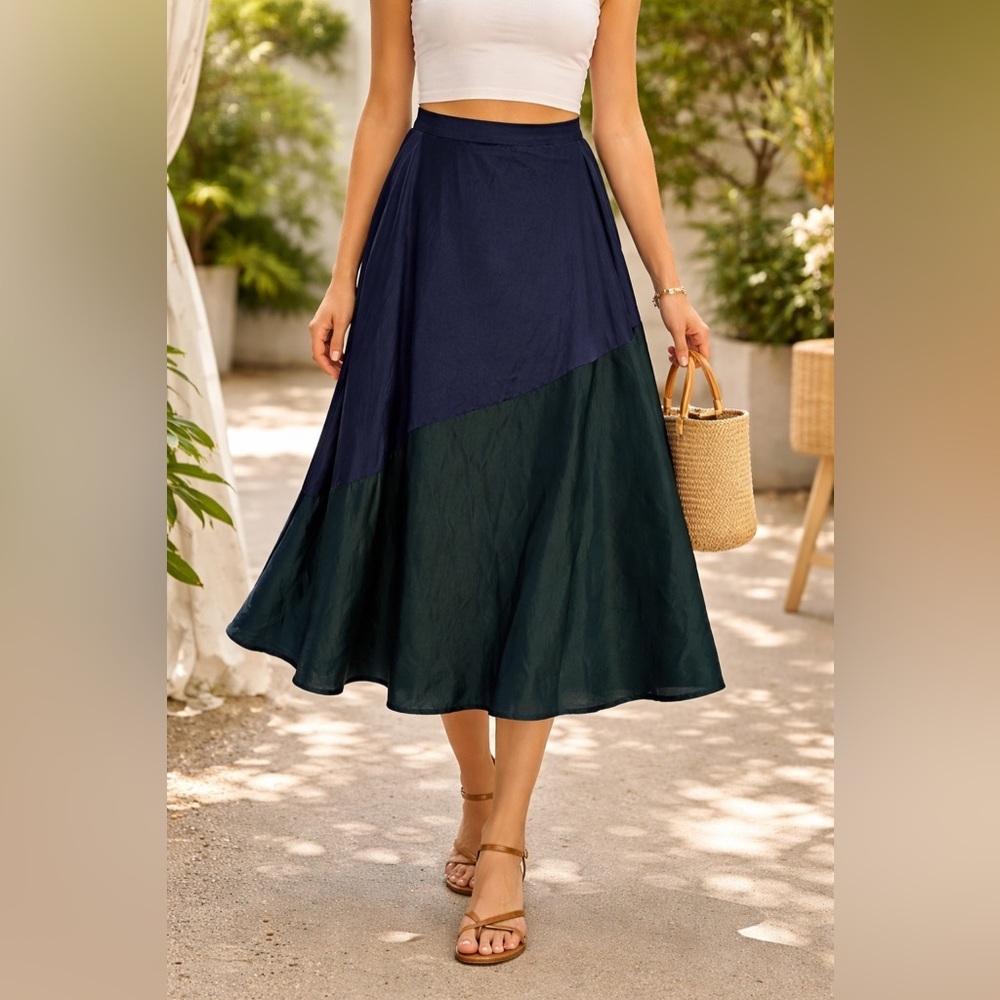 Lena Asymmetrical Midi Satin Skirt in Navy and Dark Green